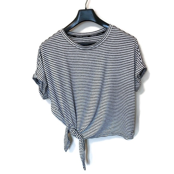 CALVIN KLEIN NWOT Striped Cropped Tie-Hem Top - Picture 2 of 6